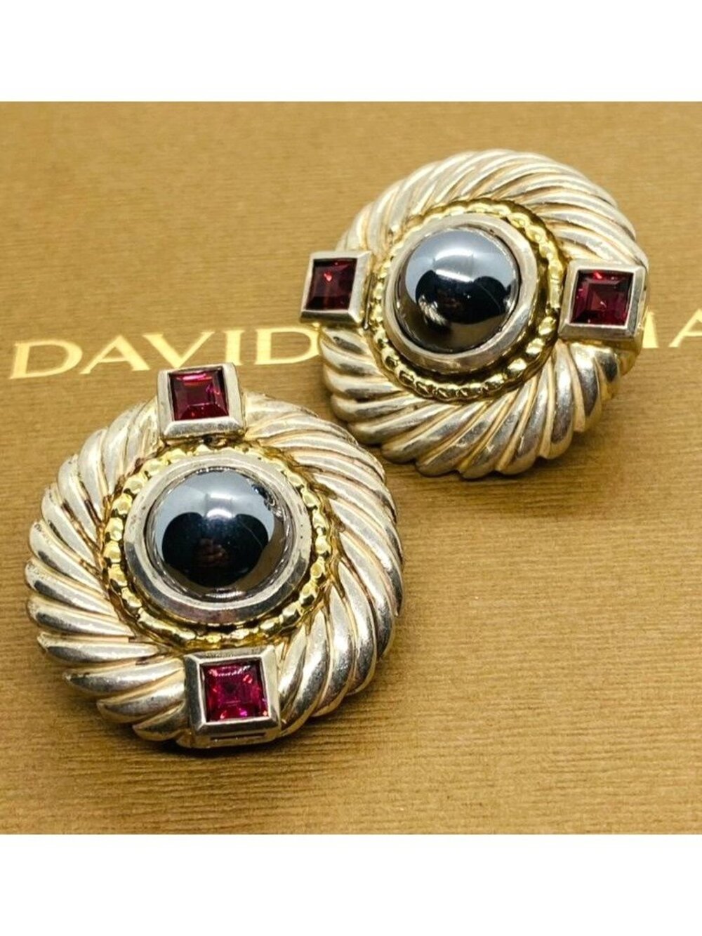David Yurman Sterling Silver 14K 585 Hematite Earrings Button Earrings